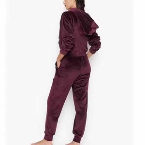 Survêtement à capuche en velours pour femme, manches longues, couleur unie, fermeture éclair personnalisée sur le devant, coupe ample, jogging décontracté avec poches latérales - Product Image 3