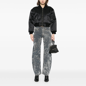 Black Satin Bomber <b>Jacket</b> With Stand Collar And Zipper Closure For Autumn Casual Wear - Product Image 3