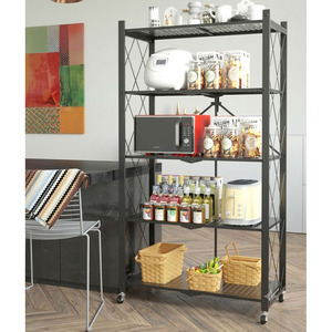 5 Tier Foldable Metal <b>Storage</b> Shelf with Wheels 5 tier foldable multipurpose <b>kitchen</b> <b>storage</b> <b>rack</b> - Product Image 4
