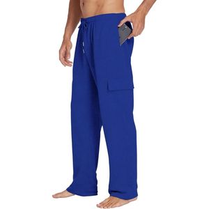 Pantalon cargo droit ample en coton 100% bleu cobalt pour homme, coupe décontractée, jambes larges, poches à rabat, logo personnalisé, respirant - Product Image 2