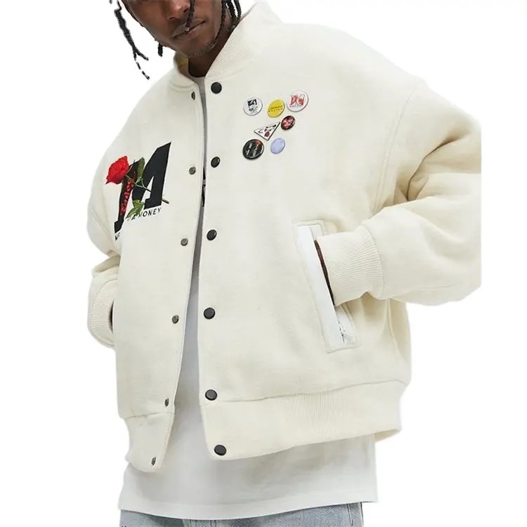 white bomber baseball jacket men school uniform custom chenille embroidery wool fleece lettermen jacket men