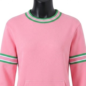 Sudadera Rosa de Cuello Redondo para Mujer, con Rayas Verdes y Blancas, Manga Larga, Tejida en Algodón, Estilo Casual - Product Image 2