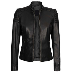 Women's Black Slim Fit Cafe Racer Leather <b>Jacket</b> - Genuine Lambskin Padded Shoulder Biker <b>Jacket</b> with Mandarin Collar - Product Image 2