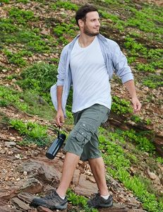T-shirt rayé pour homme avec short cargo en toile 100 % coton, taille mi-haute élastique, respirant, style décontracté, longueur Bermuda - Product Image 6
