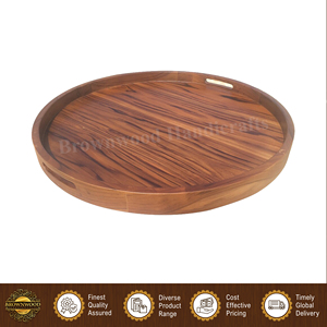 Best Quality Acacia Wood <b>Tray</b> | Home, Hotel, Restaurant Use <b>Round</b> Shape Wooden <b>Serving</b> <b>Tray</b> with Handles at Factory Price - Product Image 3
