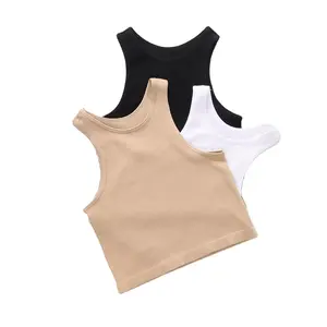 Cổ Điển Không Tay Vòng Cổ Gân Rắn Màu Crop Top Hình Vest Châu Âu Phong Cách Mỹ