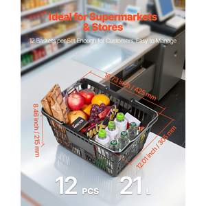 12 Cestas de Compra de Plástico PE Negras de 21L, con Asas, Apilables, Portátiles, para Supermercados, Tiendas Minoristas y Uso Doméstico, Malla Densa - Product Image 3