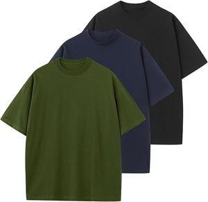T-shirt décontracté pour homme 100 % coton, coupe oversize, manches courtes, col rond, couleur unie, anti-boulochage, 220 g, vert, gris, noir - Product Image 2