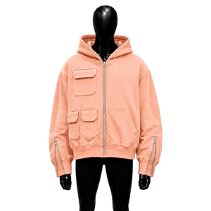 เสื้อฮู้ดดี้พรีเมียมสีพีชทรงโอเวอร์ไซส์แบบซิป มีกระเป๋า ดีไซน์เรียบง่าย สไตล์ลำลอง ผ้าเฟรนช์เทอร์รี่ เหมาะสำหรับใส่ในฤดูใบไม้ร่วง พร้อมฟังก์ชั่นใช้งานอเนกประสงค์ - Product Image 1