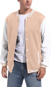<b>Men</b> Pink <b>White</b> Varsity <b>Jacket</b> Casual Wool Polyester Stand Collar Covered Button Autumn Wear Embroidery Woven Windproof - Product Image 3