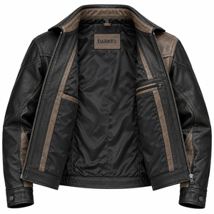 Chaqueta de Cuero Negra y Marrón Desgastada para Hombre, Estilo Motero Occidental, Abrigo Exterior de Cuero Genuino, OEM Personalizado - Product Image 5