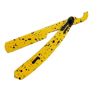 Porte-lame de rasoir en acier inoxydable texturé jaune et noir, couteau de barbier pliable à bord droit pour lames turques jetables - Product Image 1