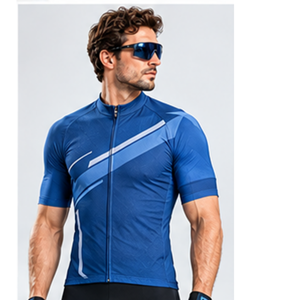 Maillot de cyclisme bleu pour homme, manches courtes, extensible, en spandex/polyester, avec rayures blanches et design numéro un - Product Image 3