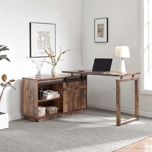 Scrivania a L in Legno Effetto Invecchiato per Ufficio Domestico con Credenza Reversibile con Ante Scorrevoli e Postazione Computer con Finitura Posteriore - Product Image 2