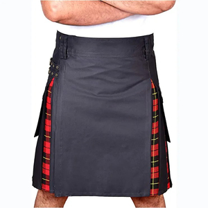 Kilt negro para hombre con paneles laterales de tartán rojo, falda plisada tradicional escocesa, estilo gótico punk moderno - Product Image 1