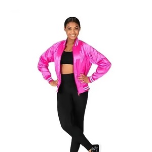 Pink Women's Varsity Jacket Satin Full Sleeve Zipper Closure Turn-down Collar Solid Color Autumn Wear Regular Fit - Product Image 5