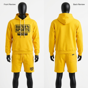 Ensemble sweat à capuche et short en molleton de coton et polyester 340 GSM, jaune, pour homme, avec logo personnalisé en relief en caoutchouc - Product Image 3