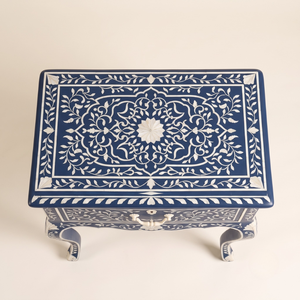 Luxury French Style Navy Blue Bone Inlay Nightstand 1 Drawer Floral Handmade <b>Bedside</b> <b>Table</b> for Luxury Living Unique Nightstand - Product Image 3