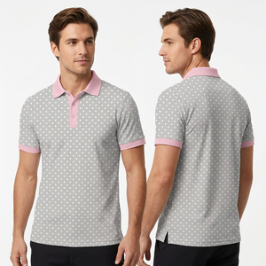 Polo à manches courtes gris pour homme avec col et poignets roses, design décontracté en tricot respirant - Product Image 6