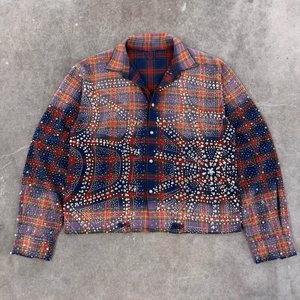 Chemise en flanelle à carreaux pour homme avec embellissement en strass, manches longues, col rabattu, tenue décontractée pour l'automne - Product Image 1