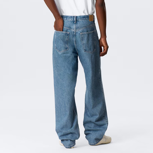 Jean baggy décontracté pour homme en denim délavé, taille haute, en coton mi-lourd, avec braguette boutonnée, bleu clair - Product Image 2