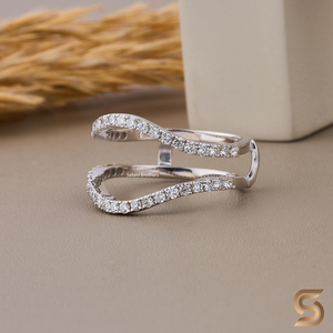 Anillo de compromiso y boda de oro blanco de 14K con doble fila de diamantes en forma de onda, diseño curvo y realce de oro - Product Image 1