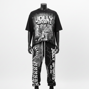 เสื้อยืดและกางเกงเซ็ตผู้ชาย ผ้าคอตตอนเจอร์ซีย์พรีเมียม 240 GSM สีดำขาว พิมพ์ลายกราฟิก สกรีนโลโก้ สตรีทแวร์ - Product Image 6