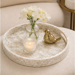 Bandeja Redonda de Nácar Blanco, Bandeja de Servir de Concha de Capiz, Patrón de Mosaico de Vieiras, Bandeja Decorativa para Mesa de Centro para el Hogar y Hoteles - Product Image 4