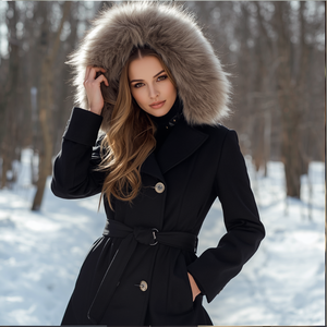 Women’s Fur <b>Hood</b> Outerwear <b>Coat</b> Warm Winter Jacket <b>with</b> Decorative Circular Clip Design - Product Image 3