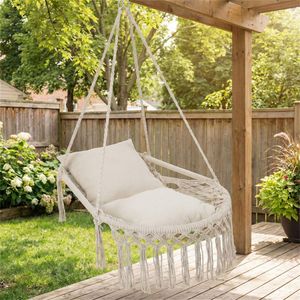Sedia Sospesa Boho in Macramè Beige con 2 Cuscini Imbottiti, Capacità 150 kg, Amaca per Interni ed Esterni, Camera da Letto, Patio, in Cotone e Materiale PE - Product Image 3