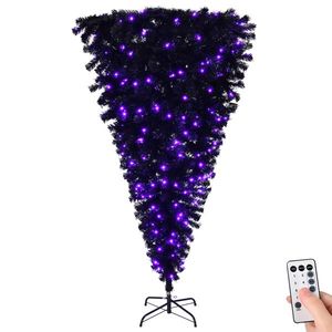 6 FT Pre-Lit Upside Down Purple <b>Lights</b> Artificial Christmas <b>Tree</b> with Pumpkin Skull Ornaments Black Halloween <b>Tree</b> - Product Image 1