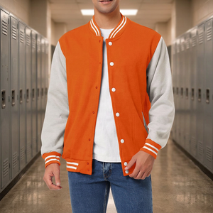 Blouson universitaire en laine uni orange et gris/blanc 2026 avec col à bordure côtelée rayée - Product Image 3