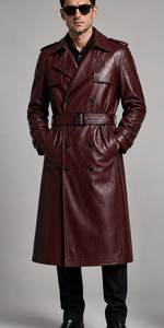Manteau long en cuir véritable pour homme, col à revers, double boutonnage, avec ceinture, coupe classique - Product Image 6