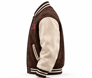 Men's Brown <b>Suede</b> Body Cream Leather Sleeves Varsity <b>Jacket</b> With Embroidered Logos Casual Winter Wear Stand Collar OEM - Product Image 4