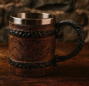 Premium Wooden Beer <b>Mug</b> with Stainless Steel Liner Handcrafted Viking Tankard Rustic Barrel Style Drinking <b>Mug</b> for Beer Coffee - Product Image 1
