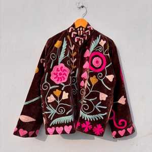 Chaqueta Blusón de Terciopelo Bordada con Estampado Floral, Manga Larga, Cuello Camisero, Chaqueta de Otoño para Mujer con Cierre de Cremallera - Product Image 5