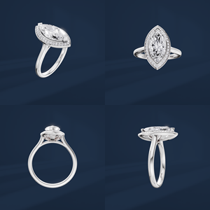 Bague de fiançailles pour femme en platine et diamant taille marquise 2 carats, style classique avec halo et diamants latéraux, certifiée GIA - Product Image 6
