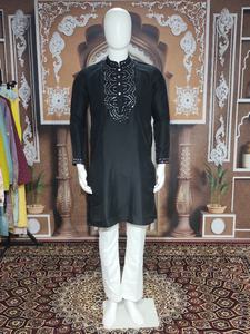 Salwar Kameez Largo de Seda para Hombre con Bordado de Espejos, Corte Regular Tradicional, Ropa Étnica para Festivales y Bodas, Ideal para Diwali - Product Image 2