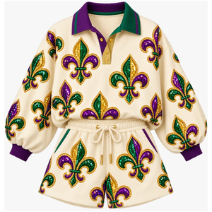 Elegante Conjunto de 2 Piezas para Mujer, Transpirable, Manga Larga, Sudadera con Cuello y Pantalones Cortos, Diseño de Flor de Lis con Lentejuelas, Atuendo para Mardi Gras - Product Image 1