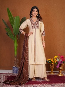 Conjunto de traje Anarkali de seda romana para mujer con bordado multihilo y trabajo manual |   Palazzo y Dupatta |   Proveedor B2B - Product Image 5
