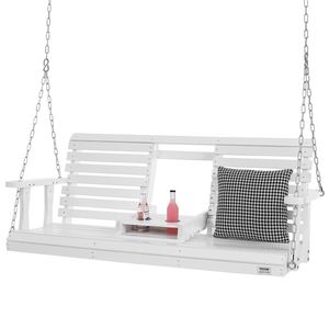 Upgraded 5 ft White <b>Wooden</b> Patio <b>Swing</b> <b>Bench</b> 880 Lbs Strong Load Capacity Heavy Duty Courtyard <b>Garden</b> <b>Swing</b> Chair Hanging Chains - Product Image 1