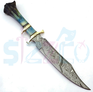 Couteau Bowie en acier Damas fait main sur mesure avec manche en os de chameau coloré et étui en cuir, idéal pour la chasse, le camping, cadeau OEM idéal pour lui - Product Image 4