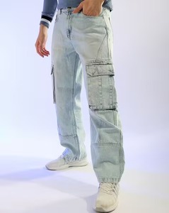 Pantalon large en coton uni, coupe ample, délavé clair, bleu glace, délavé moyen, noir délavé, gris délavé à l'acide, gris délavé à la pierre, blanc, beige - Product Image 3