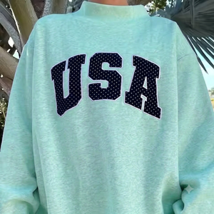 เสื้อสเวตเชิ้ตคอเต่าพิมพ์ลายตัวอักษร USA สีเขียวมิ้นท์ทรงโอเวอร์ไซส์สำหรับผู้หญิง แขนยาว ผ้าฝ้ายถัก สวมใส่ได้ในฤดูใบไม้ร่วง - Product Image 1