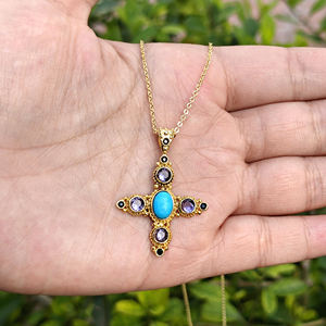 Collar con Colgante de Cruz Turquesa Azul Antiguo, Latón Sólido Chapado en Oro de 18k, Joyería Religiosa, Regalo de Bautismo Cristiano de Moda - Product Image 1