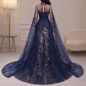 Vestido de Noche Azul Marino de Satén con Bordado y Cuentas, Estilo Sirena, con Mangas Transparentes, Elegante, Largo hasta el Suelo, para Fiesta Formal o Baile de Graduación - Product Image 3