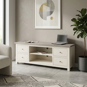 Meuble de salon en bois massif, buffet moderne style farmhouse, credenza bicolore avec base blanche et 4 tiroirs, meuble de rangement multimédia - Product Image 2