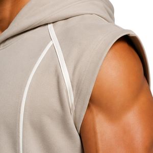 Mens Stone Grey <b>White</b> Sleeveless Hooded Tracksuit <b>Set</b> Custom Logo <b>Gym</b> Fitness Training Sports Hoodie And Shorts Activewear - Product Image 4
