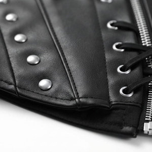 Black PU <b>Leather</b> <b>Corset</b> With Silver Rivets Front Zip Back Lace-Up Design Women Shapewear Firm Control Women <b>Corset</b> - Product Image 6