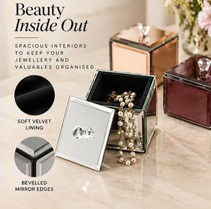 <b>Mirrored</b> Glass Jewelry <b>Storage</b> Box Set <b>with</b> Crystal Knob Beveled Edges Glossy Finish Soft Lining Decorative Keepsake Organizer - Product Image 5